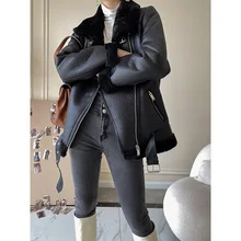 2021 Winter Coats Women Thick Faux Leather Fur Coat women's Warm Pu Faux Lamb Leather Jacket with Belt Oversized Outwear