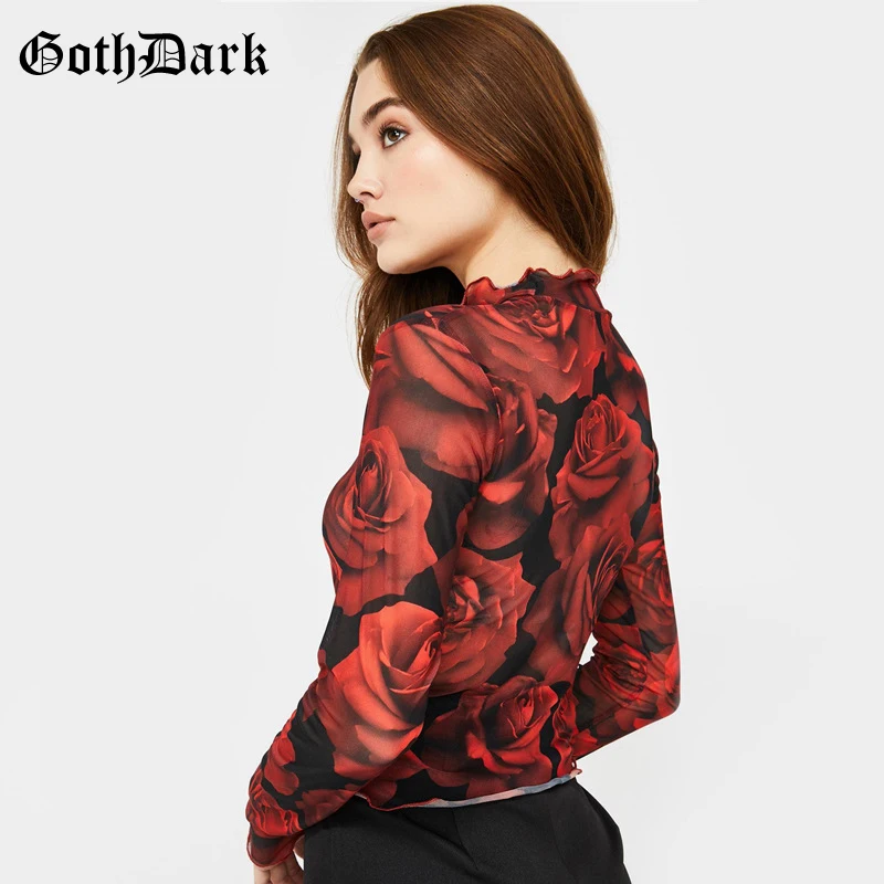 Goth Dark Floral Print Vintage Gothic T-shirts Women Harajuku Ruffle Long Sleeve Autumn Winter Female T-shirt Grunge Red