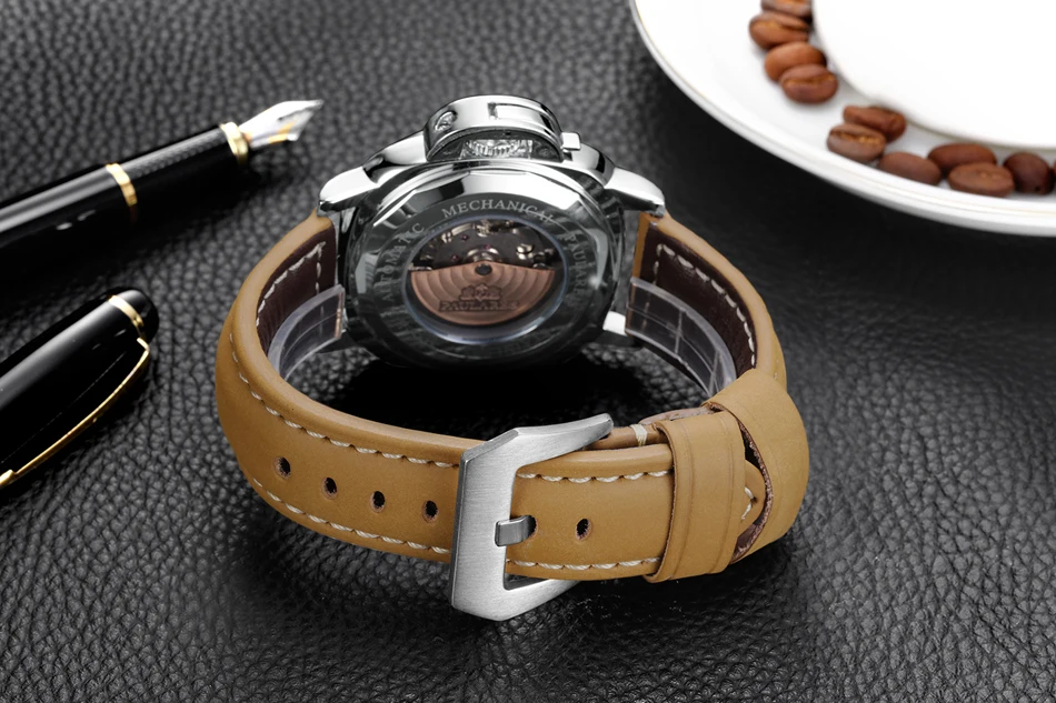 Men automatic self wind mechanical genuine brown leather strap yellow green luminous 44mm luxury rose gold military watch