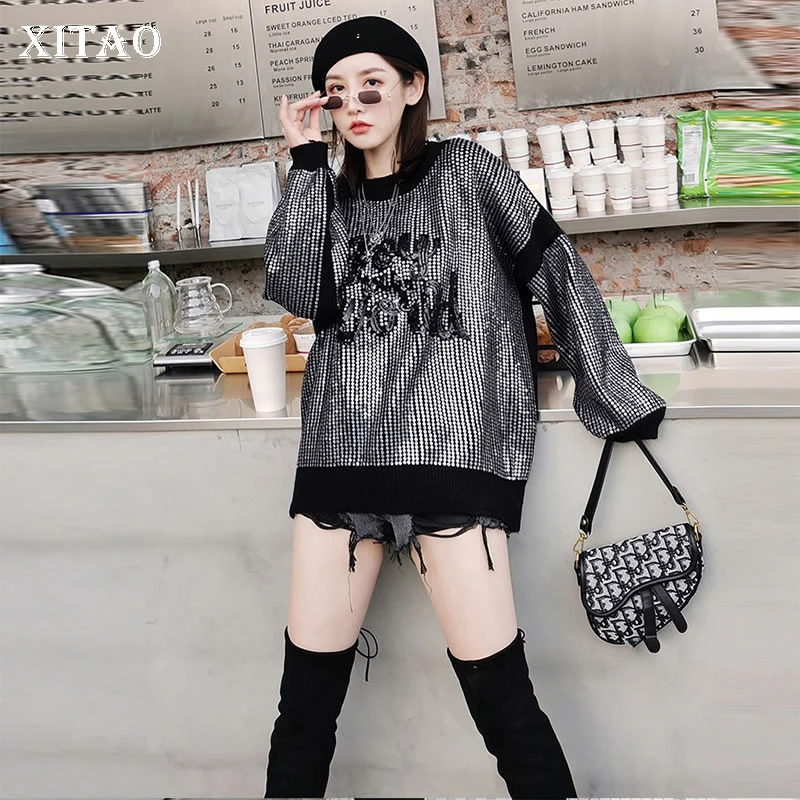 

XITAO Tide Patchwork Sequin Sweater Women Clothes Spring New Fashion Plus Size Letter Pullover Knitted Sweater Casual XJ3570