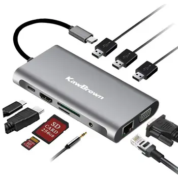 

KawBrown 10 in 1 USB Type-C Hub Type C Hub to VGA +RJ45 Type C to 4K HDMI PD SD TF Card Reader 3.5mm