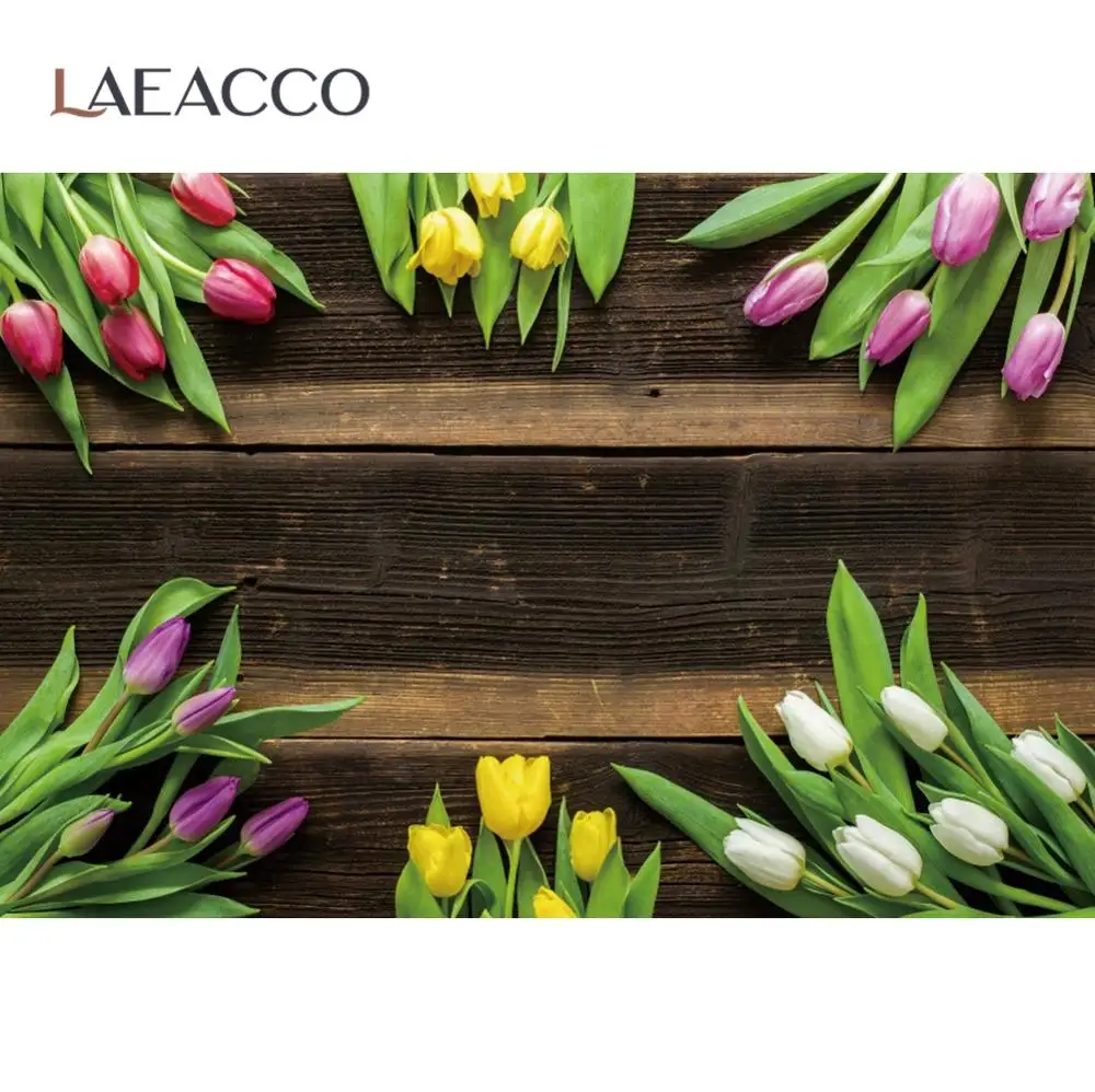 

Laeacco Old Planks Wooden Board Spring Tulips Flowers Doll Baby For Digital Photo Studio Photography Background Photo Backdrops