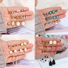 Богемные серьги, наборы для женщин, для девочек, золотые милые серьги-гвоздики, жемчуг, цветок, кристалл, ювелирные изделия