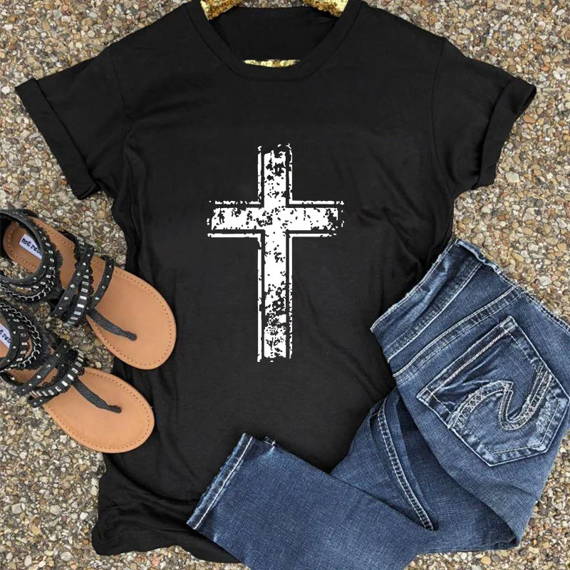 Новые модные Для женщин футболки летние шорты рукавом Винтаж футболка Jesus христианский крест печати Топы Женская футболка плюс Размеры