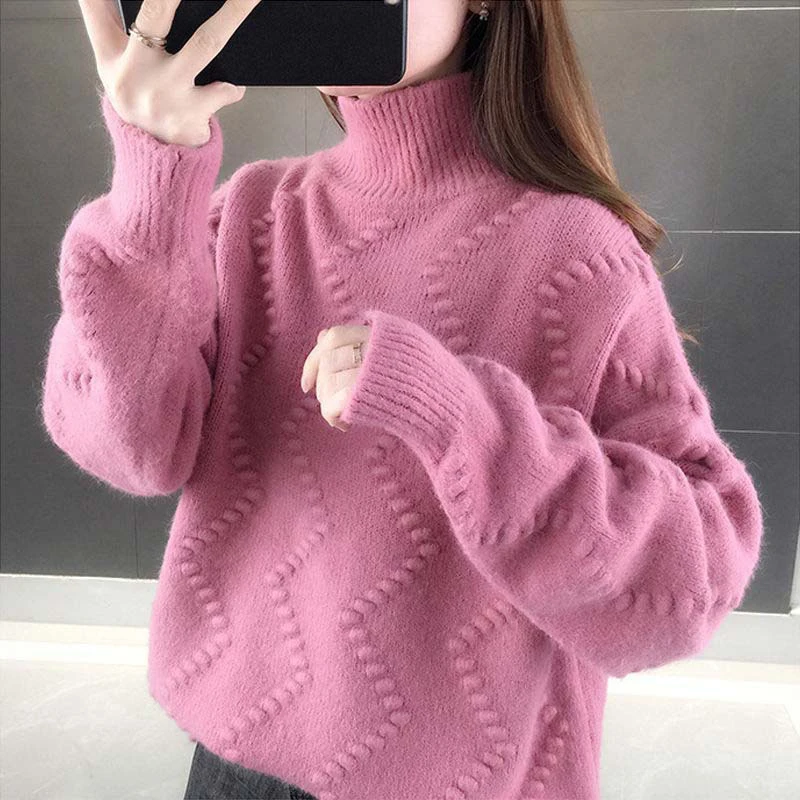 

OHRYIYIE Loose Thick Warm Pullovers Women 2020 Autumn Winter Casual Turtleneck Sweater Female Pink Beige All-match Jumper Tops