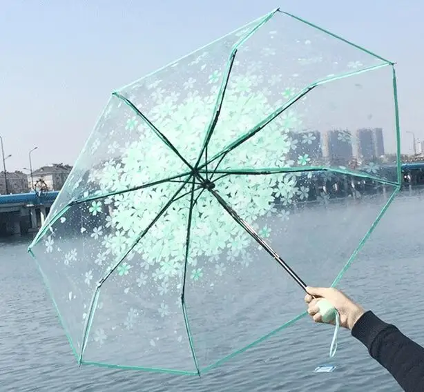 RY-CAN Romantic Transparent Clear Flowers Bubble Dome Umbrella Half Automatic for Wind Heavy Rain Transparent Umbrella