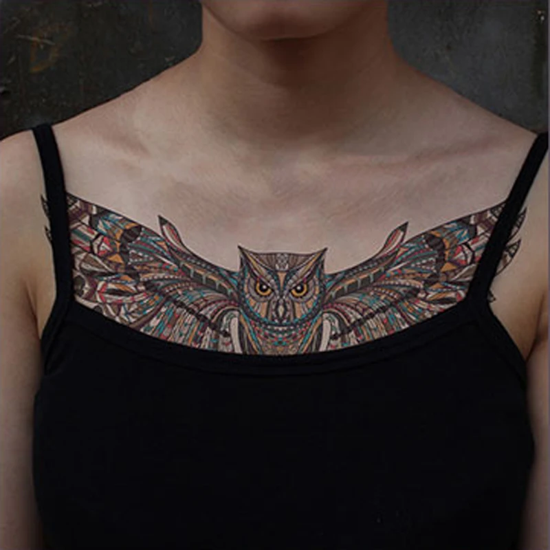 Временная нагрудная Татуировка наклейка цветная Сова Птица Тотем поддельный тату флеш-тату водонепроницаемый большой боди-арт для женщин, мужчин, детей