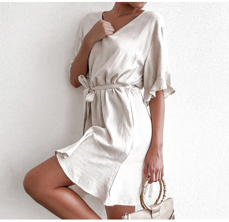 DICLOUD Casual Solid Cotton Linen Dresses Women Summer Short Sleeve V Neck Mini Party Dress Ladies A-line Summer Outfit