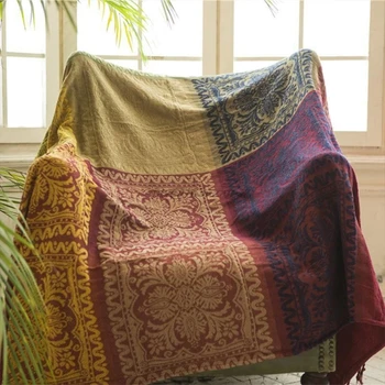 

Ethnic Chenille Jacquard Tassels Throw Blanket Color Block Tribal Pattern Vintage Sofa Chair Cover Towel for Bed Couch