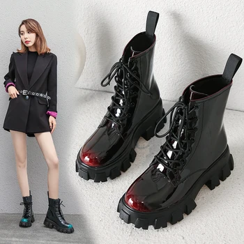 

Luxury brand ankle boots women's thick bottom shoes mixed color cow leather round toe lace up keep warm ankle boots mujer