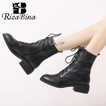 

RIZABINA Women Short Boots Real Leather Cross Strap Thick Heel Winter Shoes Woman Zipper Warm Office Lady Footwear Size 34-40