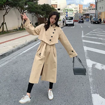 

2020 Spring Autumn Women Stand Collar Trench Coat with Belt Ladies Korean Plus Size Chic Windbreaker Shawl Splice Long Overcoat