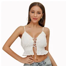 Russia Free shipping Euro-American hot selling of summer 2019 sexy women's wear cotton tie V-collar pure color short halter top