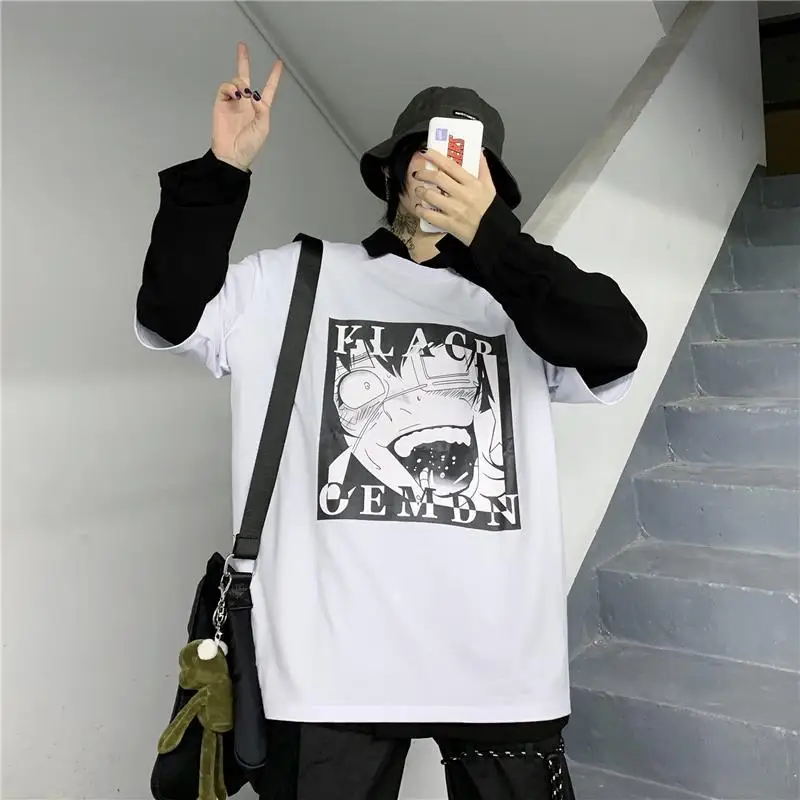 Woherb Harajuku футболка Femme Весенняя осенняя одежда японский мультяшный принт поддельные две части футболка с длинным рукавом Уличная одежда