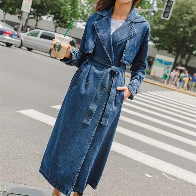 denim blue Джинсовое пальто для женщин, Осеннее Свободное длинное пальто, женское двубортное свободное джинсовое пальто, ветровка, манто Femme - Цвет: denim blue