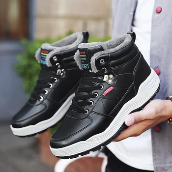 

Solid winter snow boots men 2019 new fashion pu leather plush shoes men ankle boots lace-up flat heel men shoes plus size 39-48