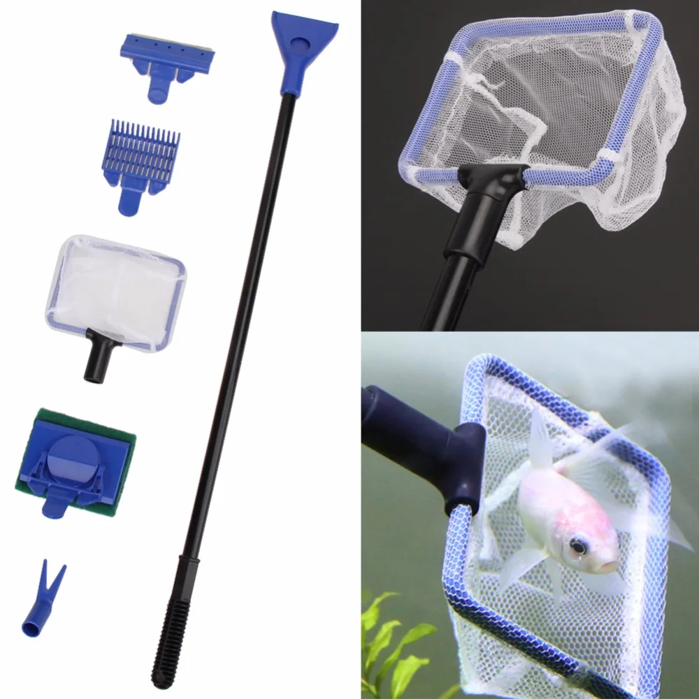 

5 in 1 Aquarium Cleaning Tools Aquarium Tank Clean Set Fish Net Gravel Rake Algae Scraper Fork Sponge Brush Glass Cleaner