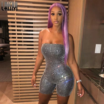 

LAISIYI Women Slash Neck Jumpsuit Sleevelesss Shining Reflective Solid Playsuits Summer Silver Rompers Sexy Sheath Body New 2020