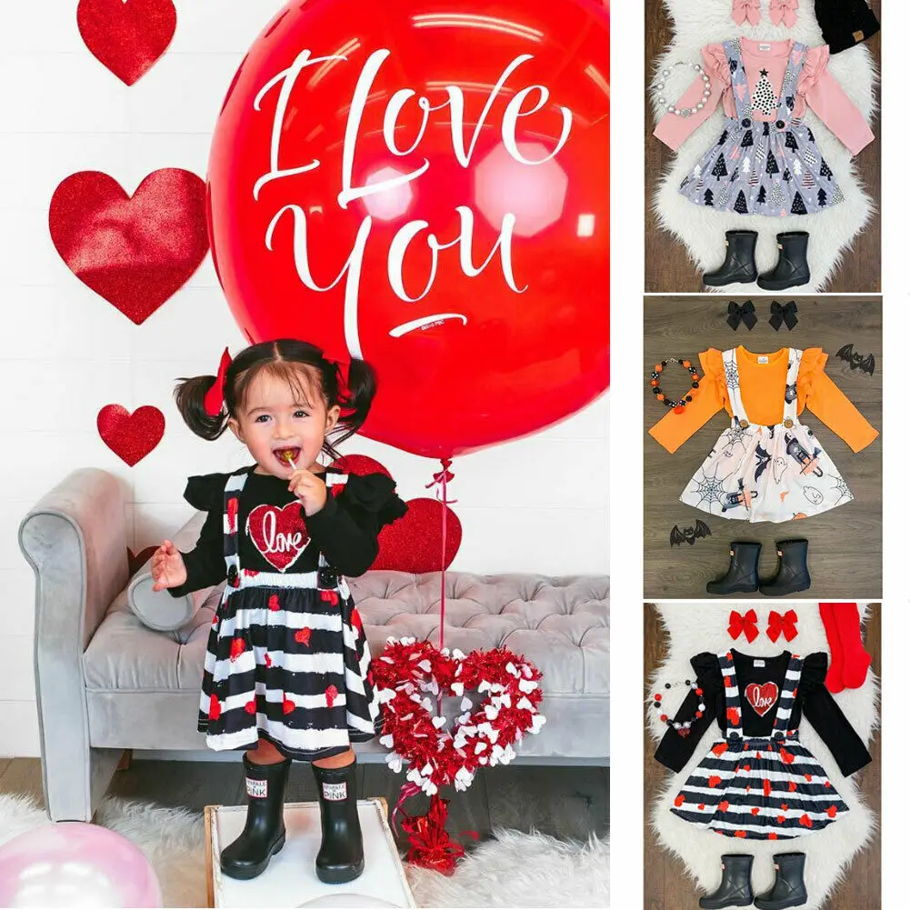 

2019 Lovely Toddler Baby Girls Clothes Sets Halloween Tops Print Strap Dress Party Clothes 0-5Y