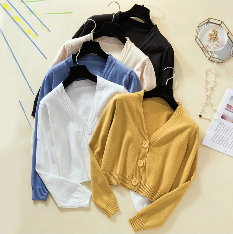 Price 2019 Autumn Winter Knitted Yellow Black Cardigan Women Button Up V Neck Button Cute Kwaii Crop Top Sweater Knitting Streetwear