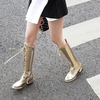 

Women knee-high Boots plus size Cross strap women shoes Europe and America online celebrity Metalli ccolor women boots winter