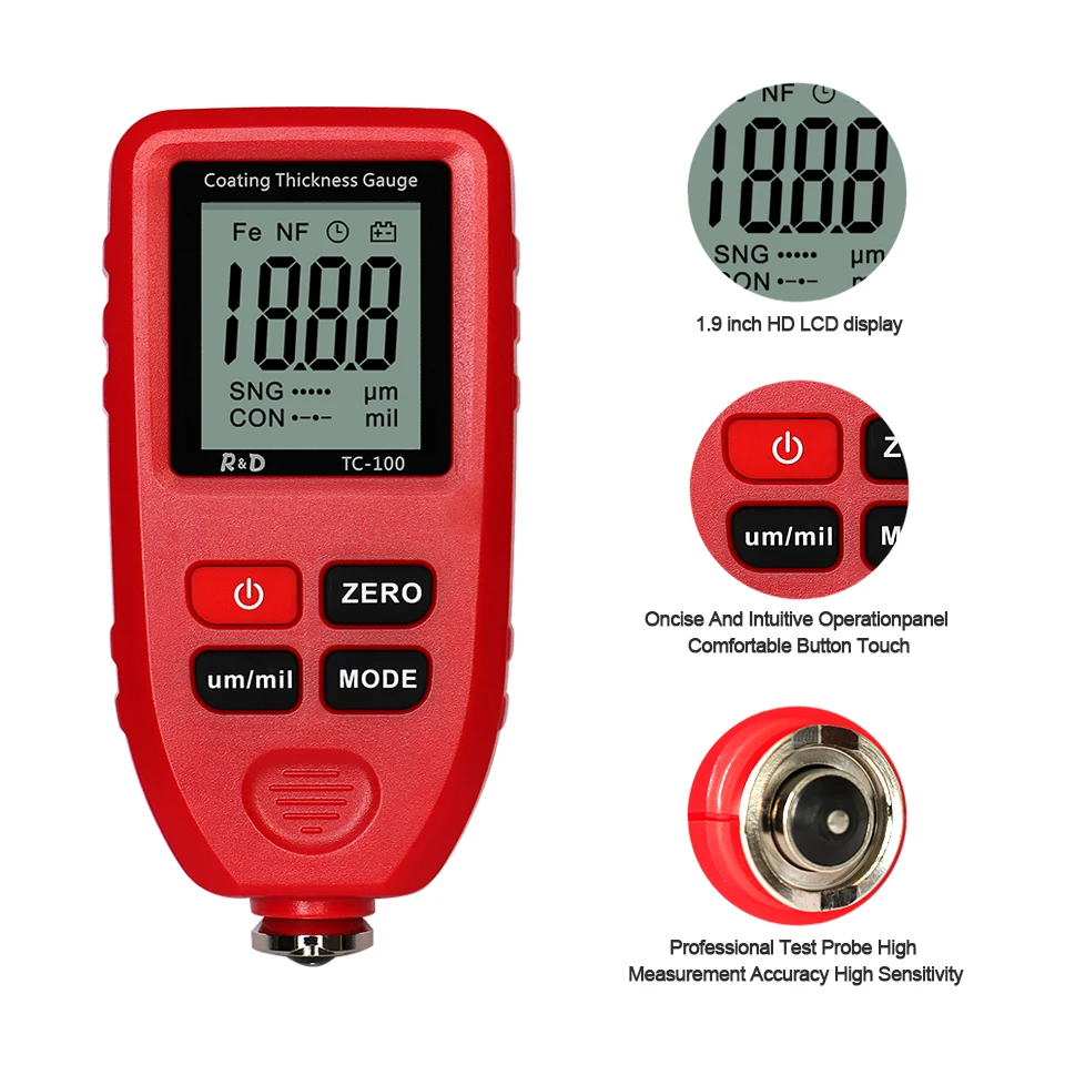 Paint Thickness Gauge R&D TC100 Coating Thickness Gauge Car Paint Film Thickness Tester Measuring FE/NFE Russian Manual Paint Tool 0.1micron 1300um