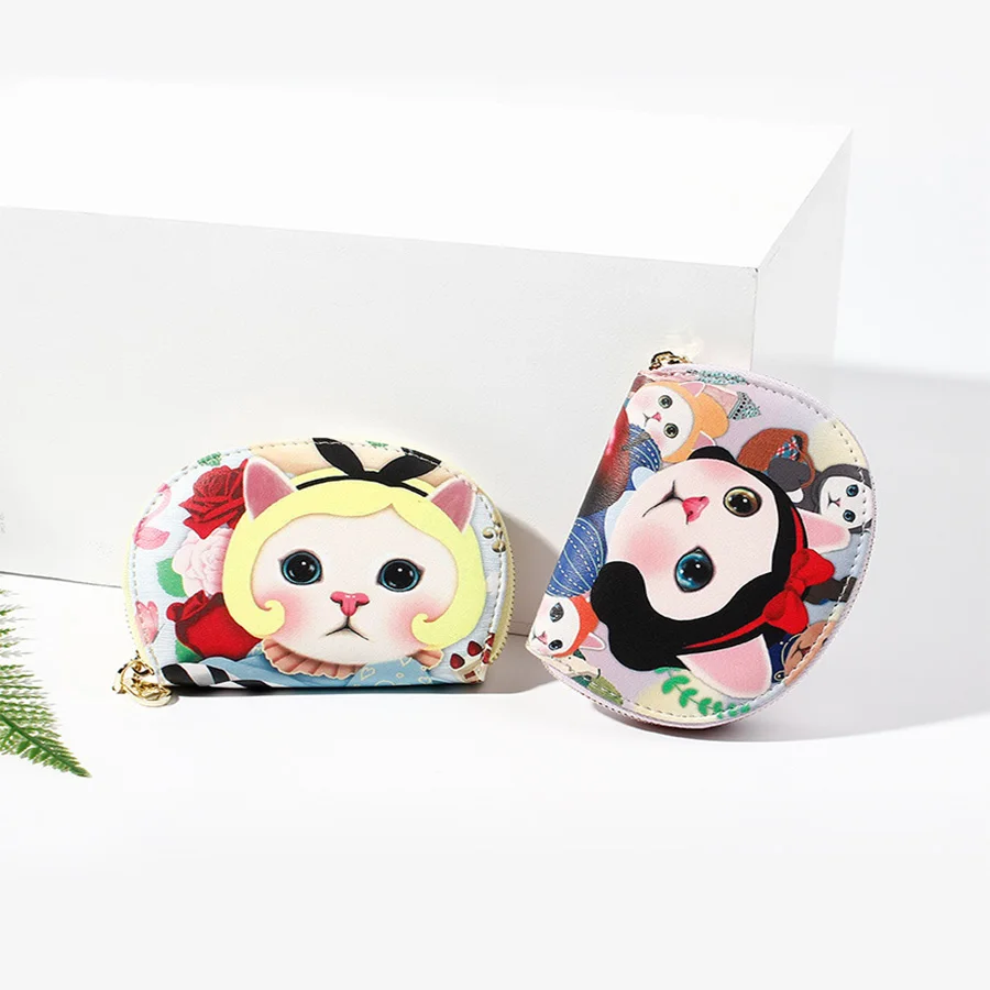 Модный кошелек для монет с рисунком из мультфильма Harajuku, Дамский кошелек из искусственной кожи на молнии, Женский кошелек с милым рисунком кота, кошелек для монет