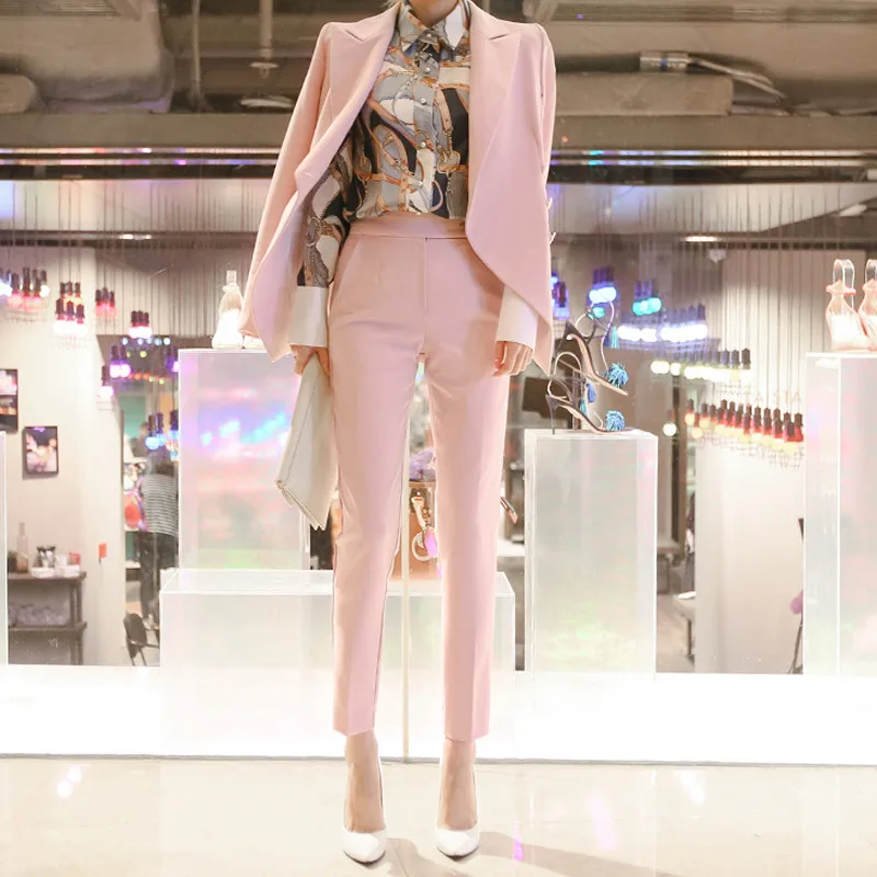 

HAMALIEL Business Autumn Women 2 Piece Set Pink Formal Turn Down Collar Office OL Blazer Coat + Work Pencil Trousers Pant Suits
