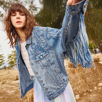 

2020 Denim Jacket Women High Quality Tassel Three-dimensional beading Gold Thread Embroidery Sexy Casual Loose Top Jeans Jackets
