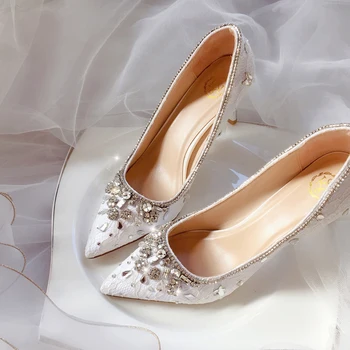 

Bride Shoes Marriage Shoes Female 2019 New Designs Diamond Red Wedding Female Crystal Garment Fine-heeled White Party Pumps