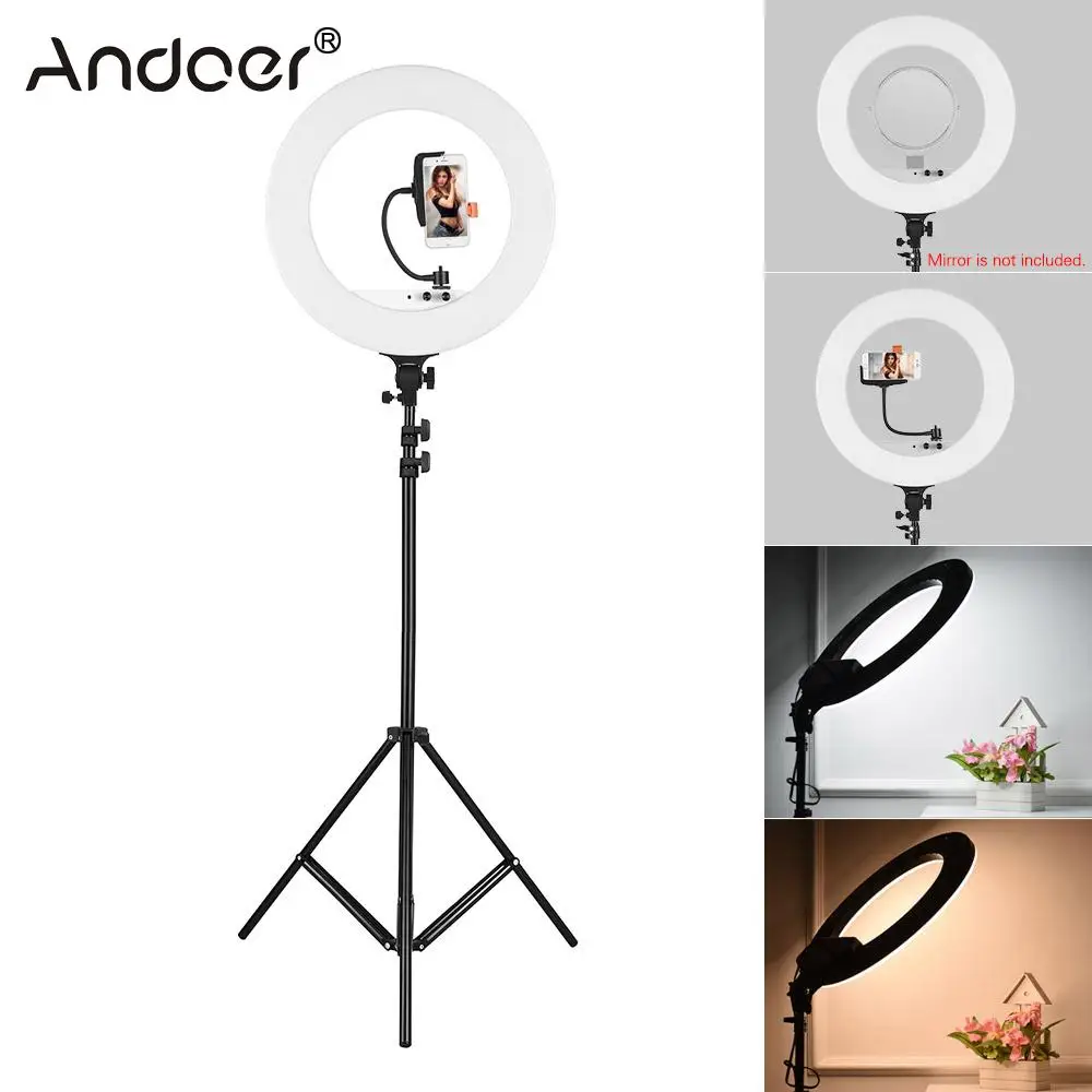 

18" LED Video Ring Light Kit w/2m Light Stand/Mirror/Phone Holder/Bag 80W Dimmable 3200K-5800K Bi-color Video Studio Lighting