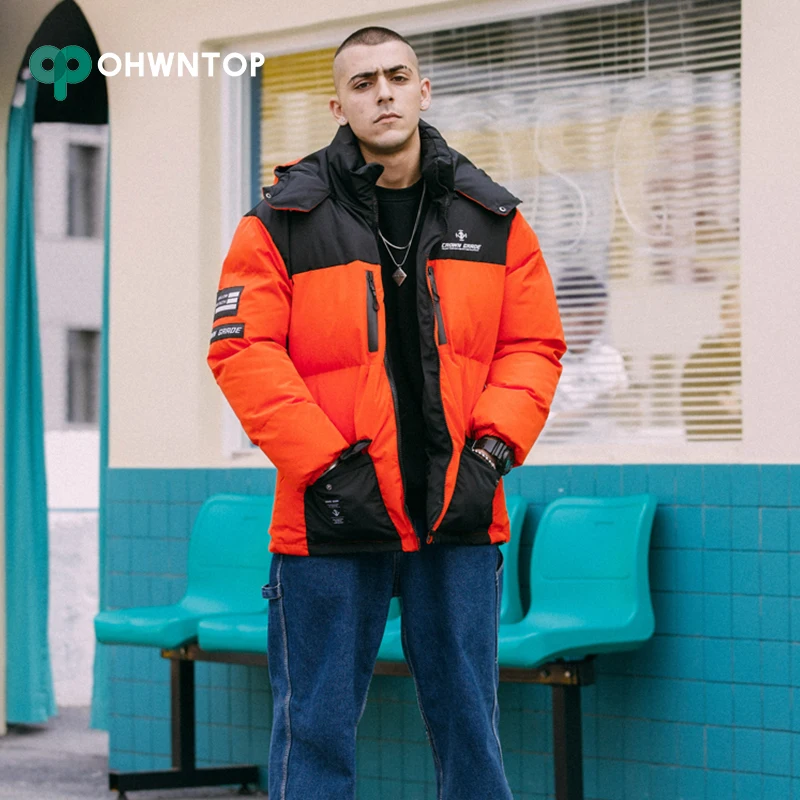 

Men Color Block Patchwork Zipper Pockets Removable Hooded Parkas Jackets Streetwear Casual Hip Hop Cotton Padded Parka Coat Tops