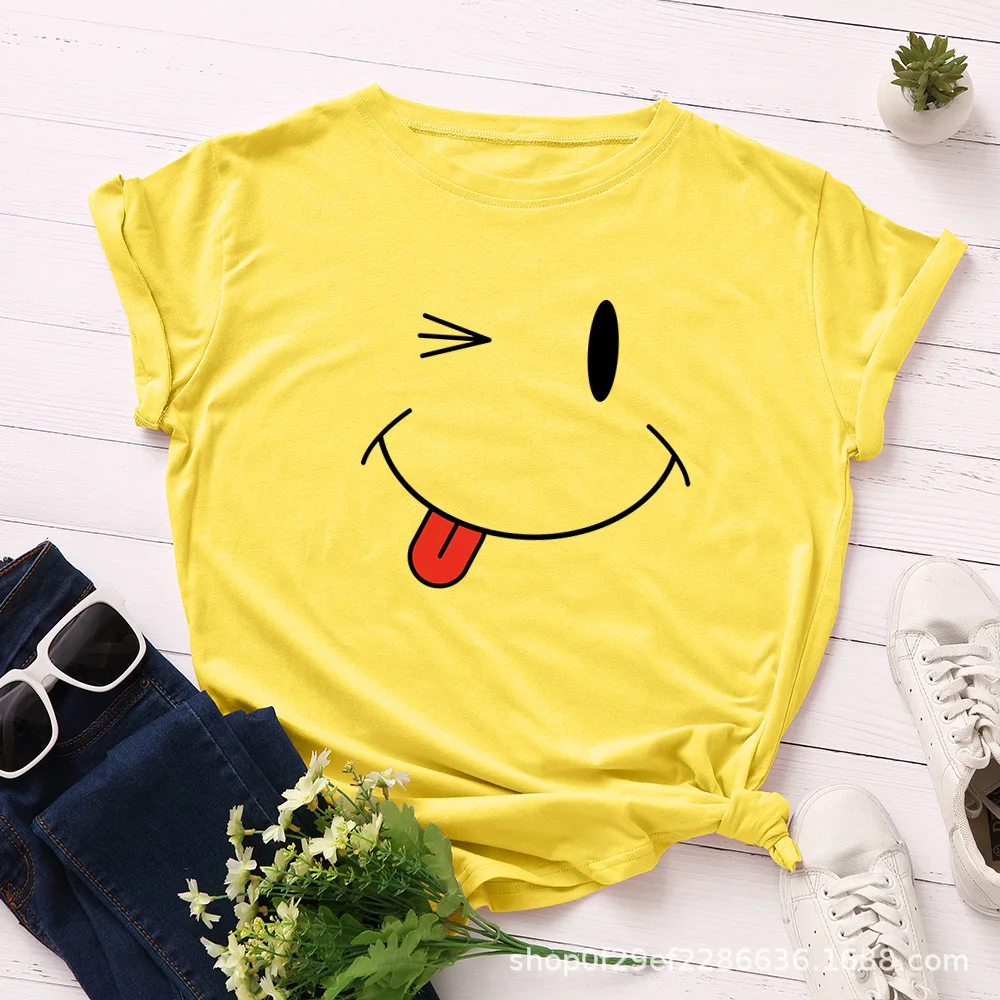 

Plus Size S-5XL 2020 Smile Face Print T-shirt Women 100% Cotton O Neck Short Sleeve Tees Summer T Shirts Pink Tops Casual TShirt