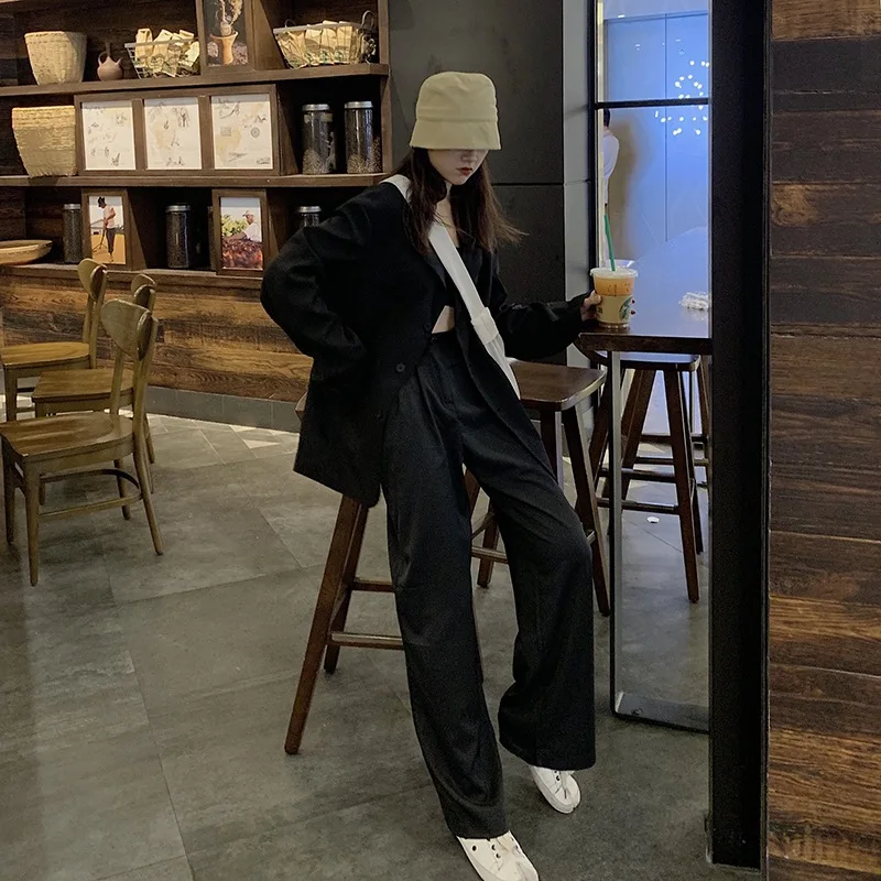 

Fox Mrs. Dark of Hong Kong Flavor Early Autumn Loose-Fit Casual Long Sleeve Suit Coat High-waisted Mopping Straight-Cut Suit Wid