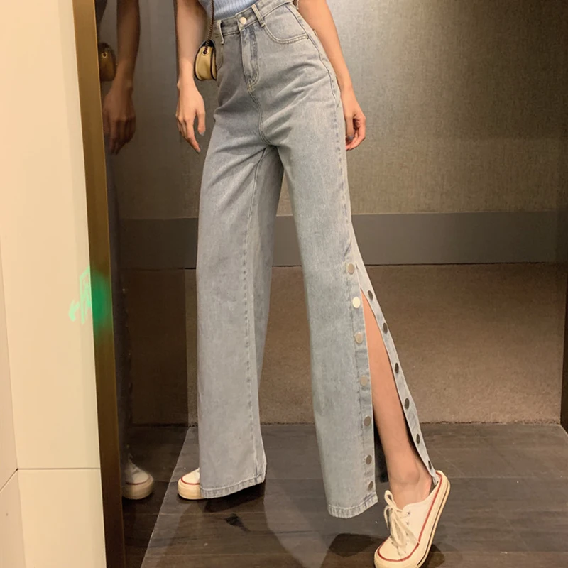 

Korea Women Jeans Slit Breasted High Waist Wide Leg Pants Female Loose Long Denim Trousers Light Blue Vintage Streetwear Autumn