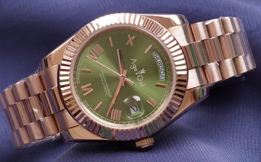 

Luxury Brand New Men Daydate Rose Gold Blue Green Black Automatic Mechanical Stainless Steel Sapphire Rome Watch AAA+ 36mm