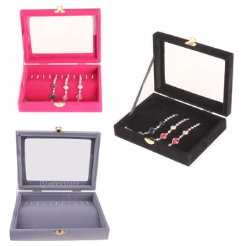 

Clear Glass Lid Jewelry Box Showcase 10 Hooks Chain Necklace Tray Display Organizer