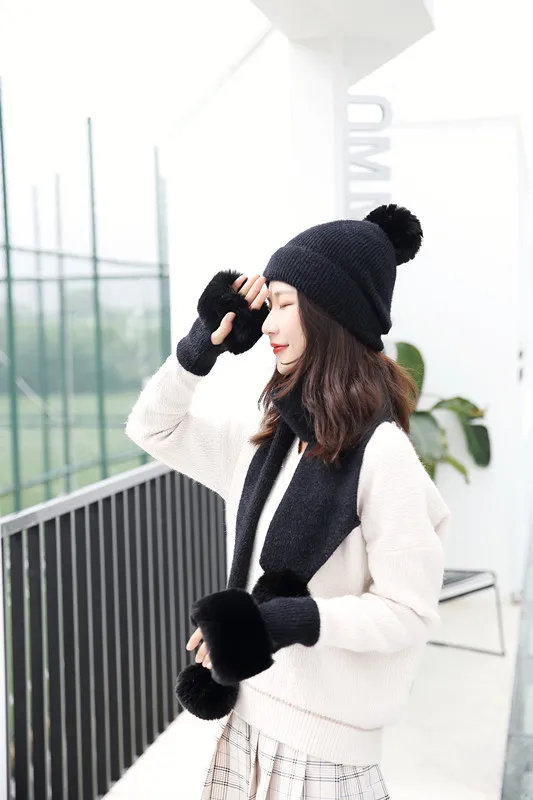 Winter Knitted Wool Hat Scarf Gloves Set Warm Three sets Women Men Plus velvet thickening women ball caps scarf girls