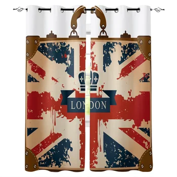 

Suitcase Flag London Crown Window Curtains LivingRoom Kitchen Curtains for Bedroom Left and Right Biparting Open Curtains