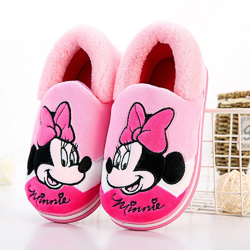 Pink B Домашняя обувь из хлопка с рисунком Микки Мауса; Новинка года; теплые детские домашние тапочки; зимняя Нескользящая плюшевая обувь с Минни Маус - Цвет: Pink B