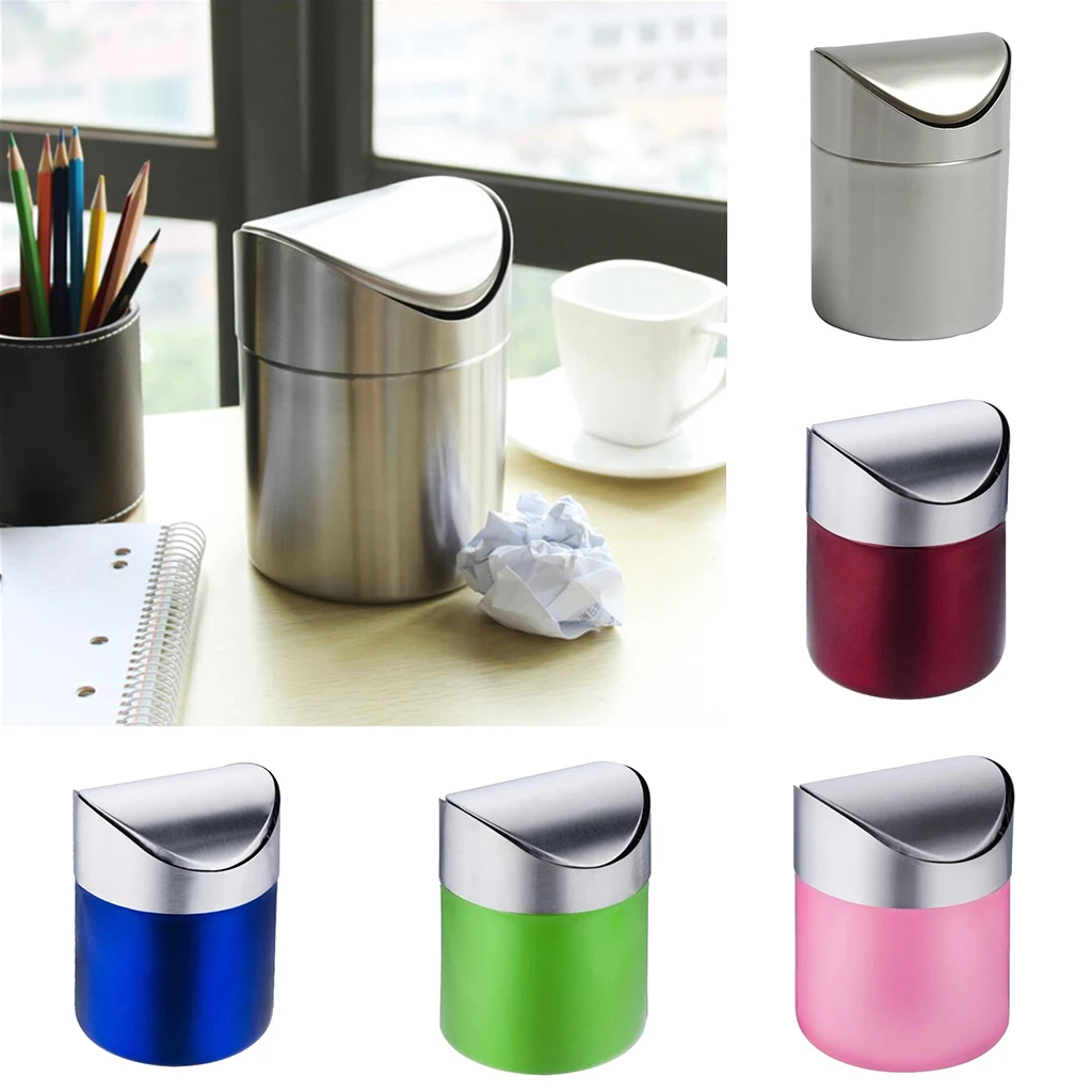 Pink/Blue/Green/Red/Silver Stainless Steel Trash Can Desktop Mini Ashtray Car Garbage Bin Home Office Kitchen