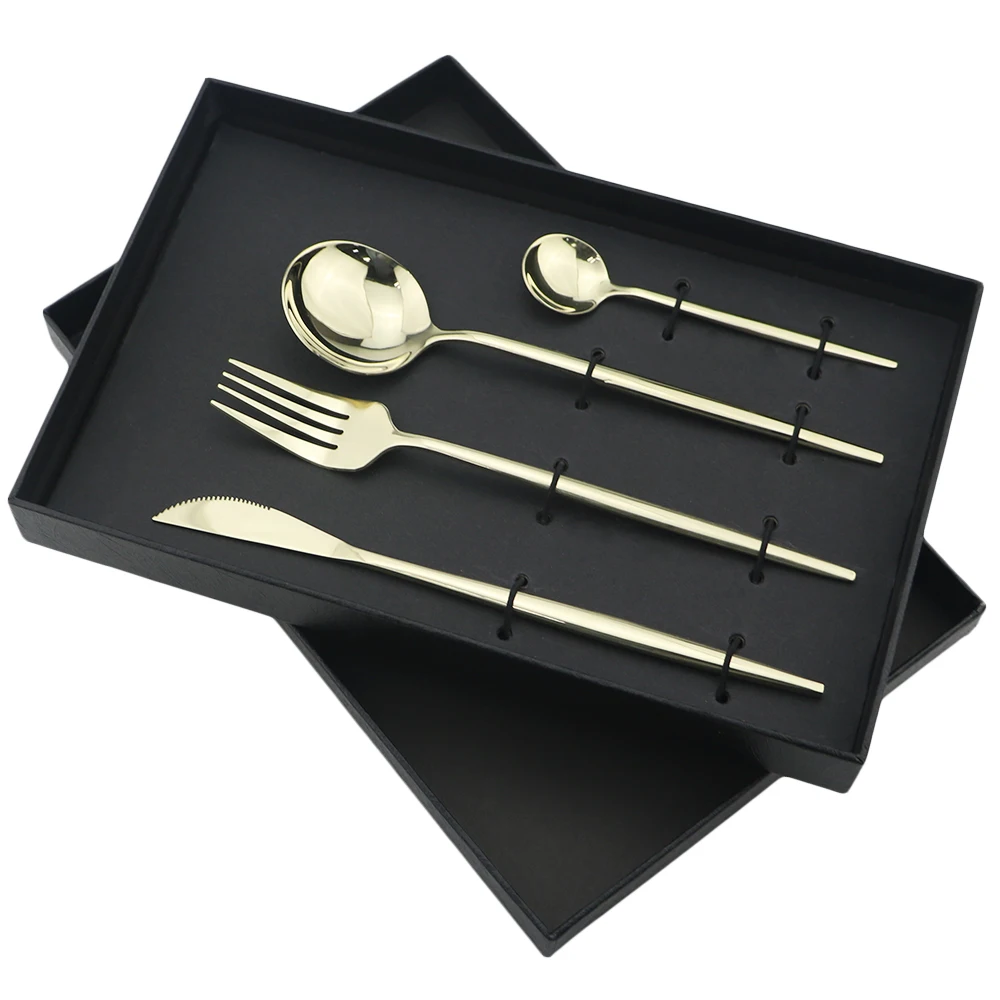 5Pcs Dinnerware Set With Gift Box Mirror Cutlery Set 304 Stainless Steel Dinner Set Fork Knife Spoon Tableware Luxury Silverware - Цвет: Champagne Box