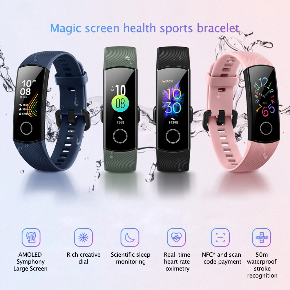 Умный Браслет huawei Honor Band 5, Оксиметр крови, кислород, волшебный цвет, сенсорный экран, для плавания, для обнаружения сердечного ритма, сна, сна
