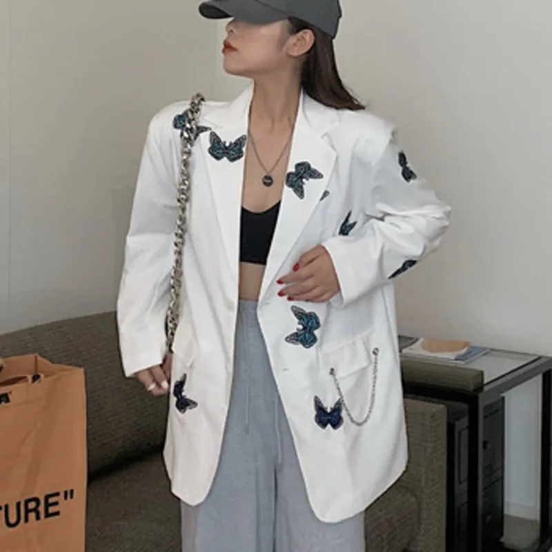 New Autumn Fashion Casual Notched Embroidery Butterfly Single Breasted Loose Blazer Coat Women Long Sleeve Chain OL Suit Outwear
