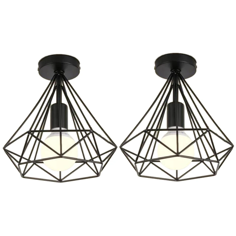 

2Pcs Ceiling Light Industrial Cage Shape Diamond Black Chandelier Suspension Metal Iron Fixture For Kitchen Corridor