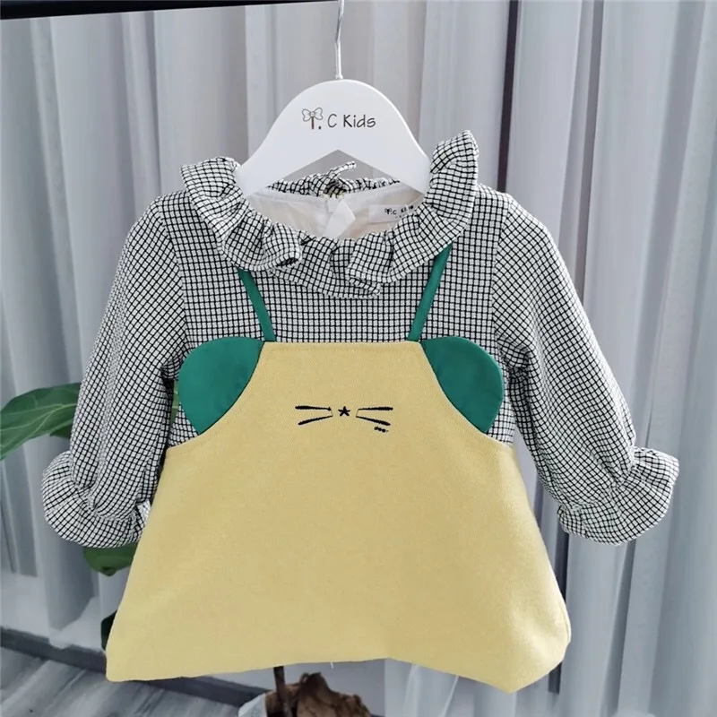 

baby girls clothes 0-4T toddler autumn spring dresses Plaid pattern, small mouse shape stitching baby girls dress