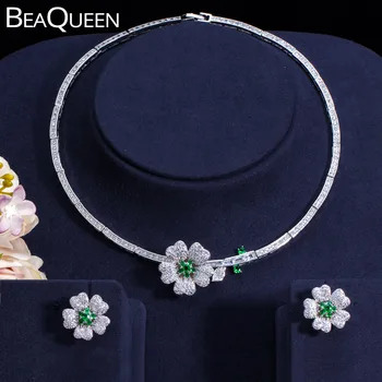 

BeaQueen Green CZ Crystal Paved Cubic Zircon Stones Big Flower Statement Necklace Earrings Women Wedding Jewelry Sets JS162