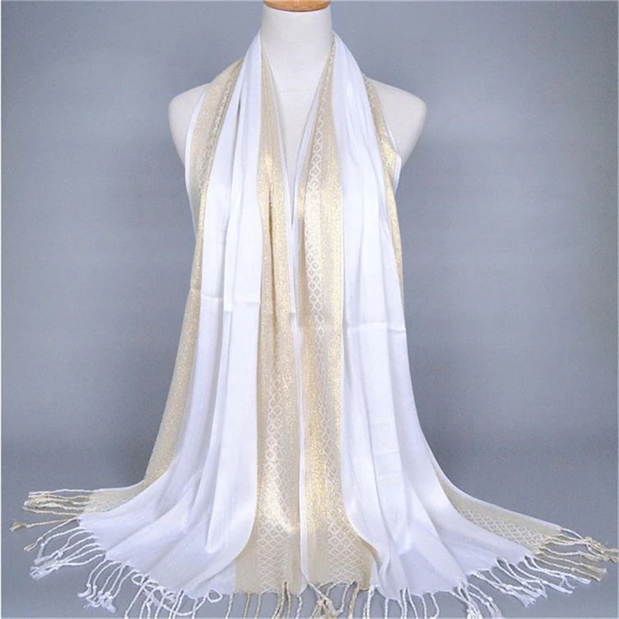 Модный золотой шелковый шарф, женский длинный большой шарф с кисточками, мигающий Многоцветный мусульманский шарф, хиджаб,, Прямая поставка - Цвет: white