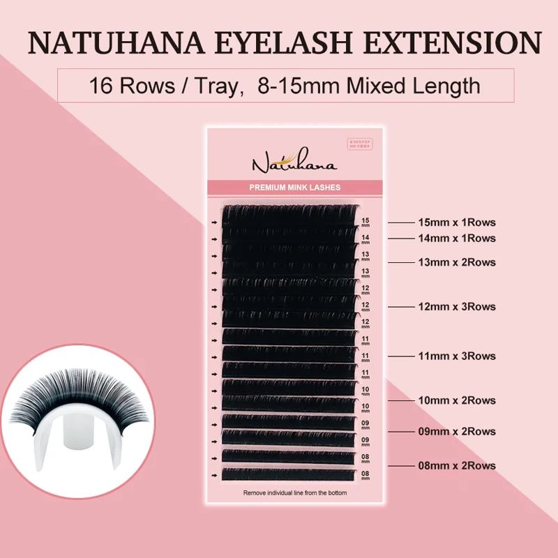 NATUHANA 5 чехлов/Лот 16 рядов 8~ 15 мм микс пользовательских норковых ресниц Dlux натуральные Мягкие Накладные норковые ресницы реснички макияж Cilios