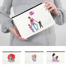 만화 슈퍼 엄마 인쇄 여자 화장품 케이스 가방 엄마와 딸 메이크업 파우치 가방 캔버스 지퍼 핸드백 어머니의 날 선물